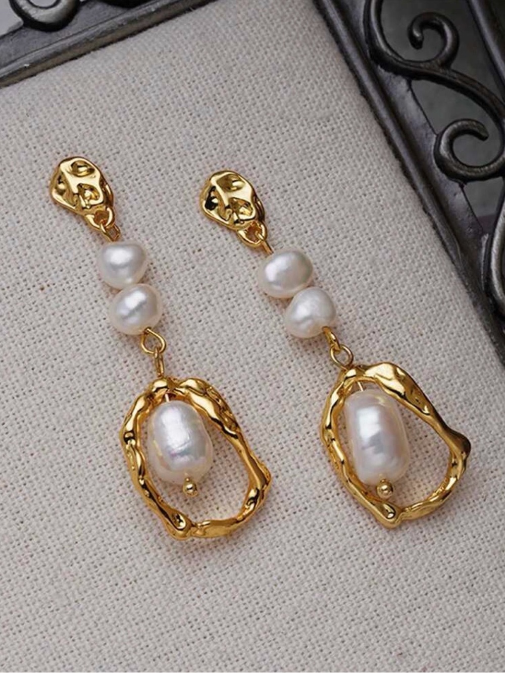 Gold and White Pearl Drop Earrings - Picture 4 of 6